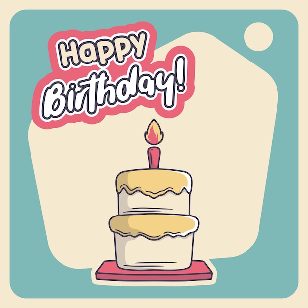 Ilustración de un lindo pastel de cumpleaños con vela y saludo