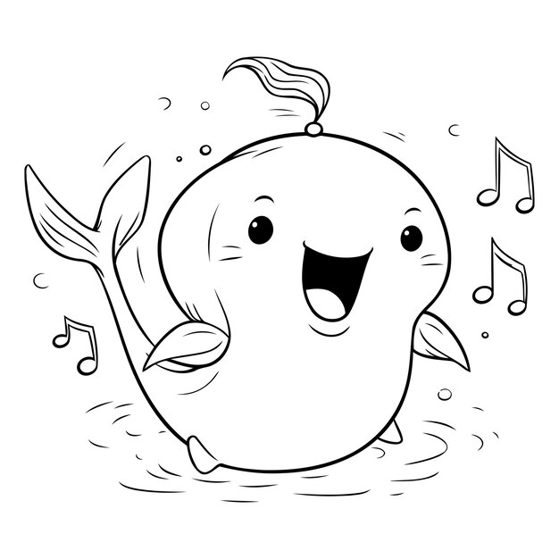 Ilustración de un lindo personaje de dibujos animados de la mascota de la ballena cantando