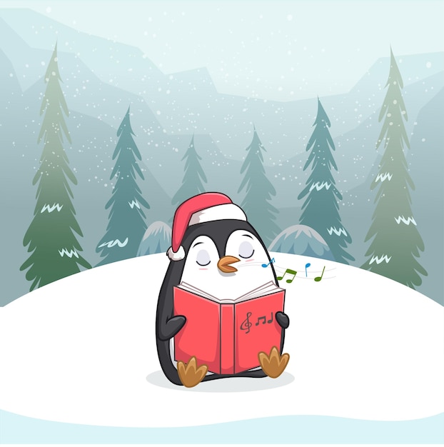 Ilustración de un lindo pingüino sentado con un libro en la mano