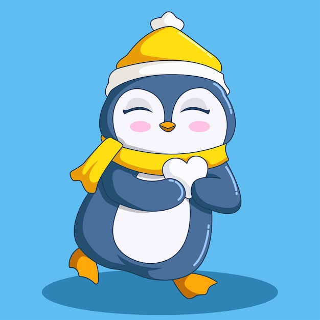Ilustración de un lindo pingüino sosteniendo la nieve