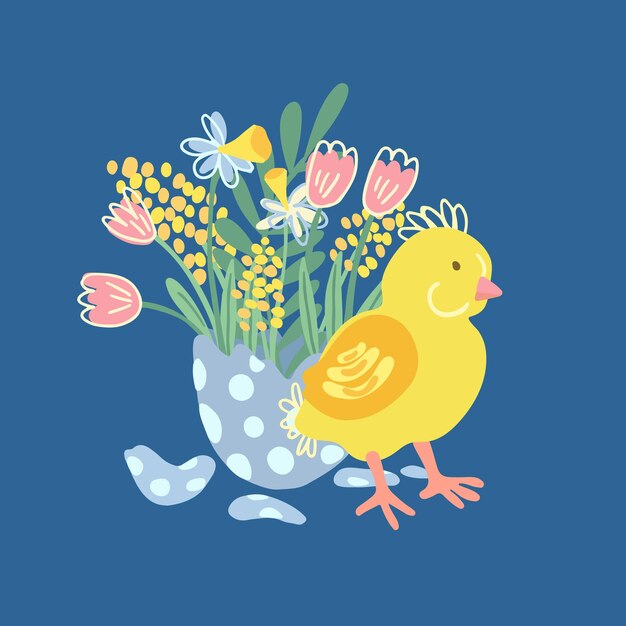 Ilustración de un lindo pollito con un ramo de flores en el huevo roto