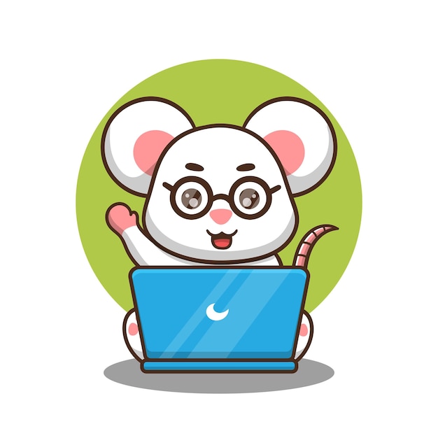 ilustración de un lindo ratón de dibujos animados trabajando frente a una laptop, diseño vectorial.