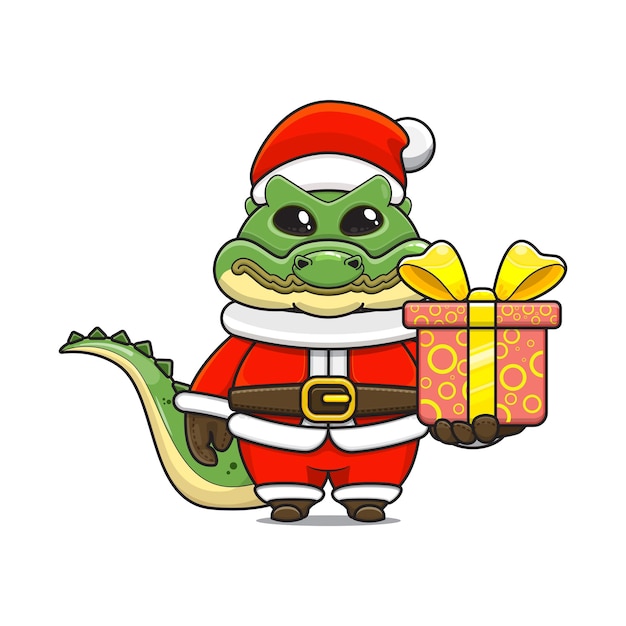 Ilustración de lindo reptil monstruo animal vistiendo traje de santa dar una caja de regalo