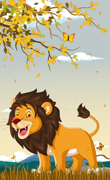 ilustración de lindo rey león con fondo de paisaje