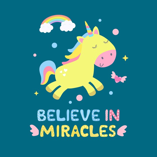 Ilustración de lindo unicornio y artículos mágicos. Cree en la tarjeta de milagros, imprima.