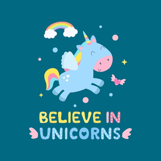 Ilustración de lindo unicornio y artículos mágicos. Cree en la tarjeta de unicornios, imprima.