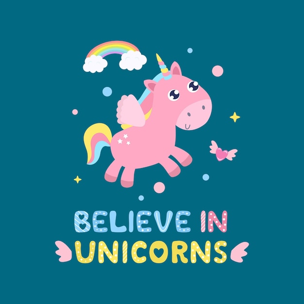 Ilustración de lindo unicornio y artículos mágicos. Cree en la tarjeta de unicornios, imprima.