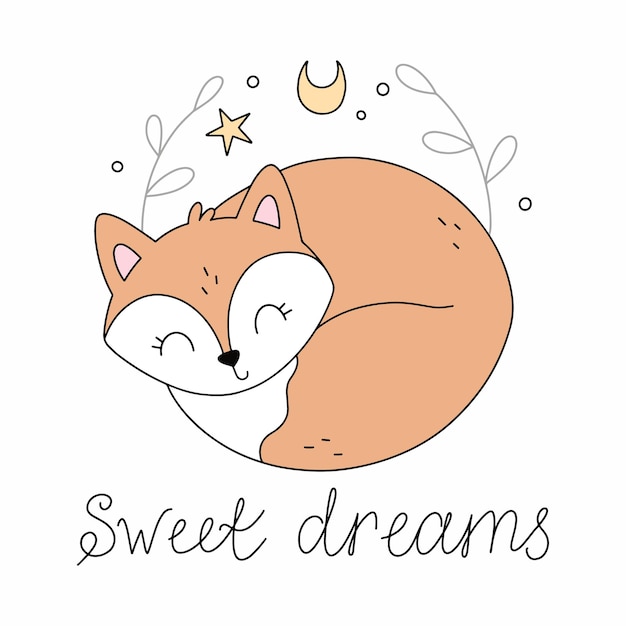 Ilustración con un lindo zorro dormido y la luna