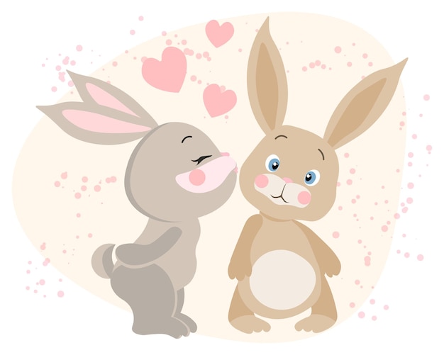 Vector ilustración, lindos conejitos enamorados, besos y corazones.