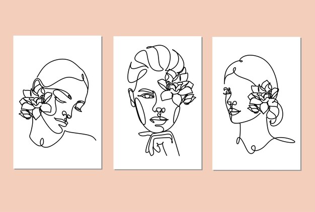 Ilustración de línea abstracta Dibujo de rostro mínimo en líneas Boceto de moda Retrato femenino dibujado Arte de mujer minimalista