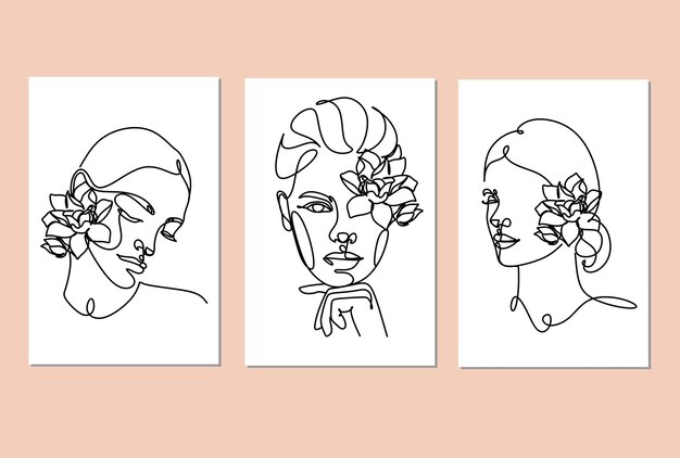 Ilustración de línea abstracta Dibujo de rostro mínimo en líneas Boceto de moda Retrato femenino dibujado Arte de mujer minimalista