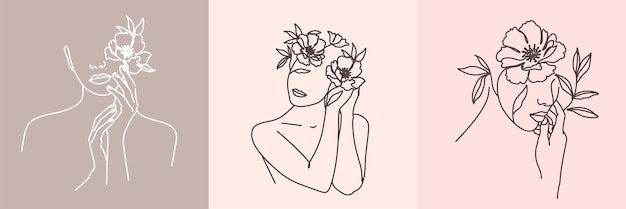 Ilustración de línea abstracta Dibujo de rostro mínimo en líneas Boceto de moda Retrato femenino dibujado Arte de mujer minimalista