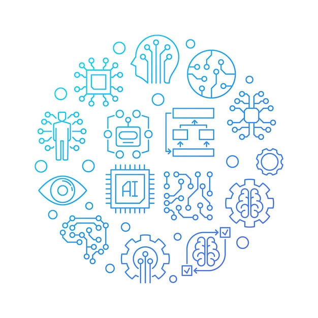 Ilustración de línea azul redonda de tecnología AI sobre fondo blanco