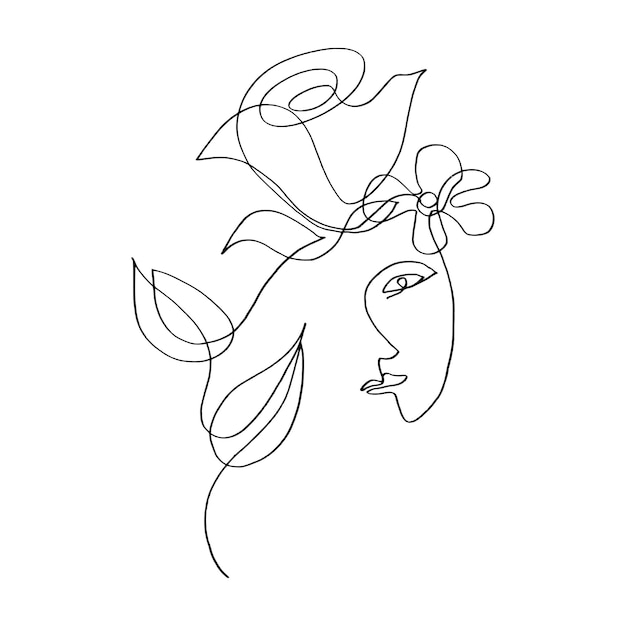 Vector ilustración de una línea de la cara de la mujer y las flores