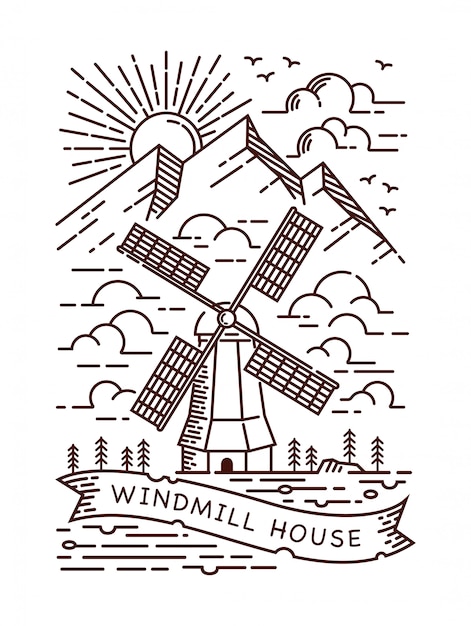 Vector ilustración de línea de casa de molino de viento