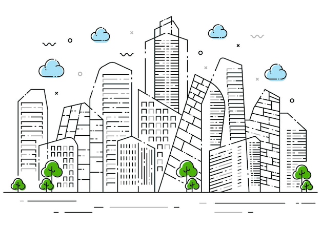 Ilustración de línea de ciudad de concepto moderno con árbol