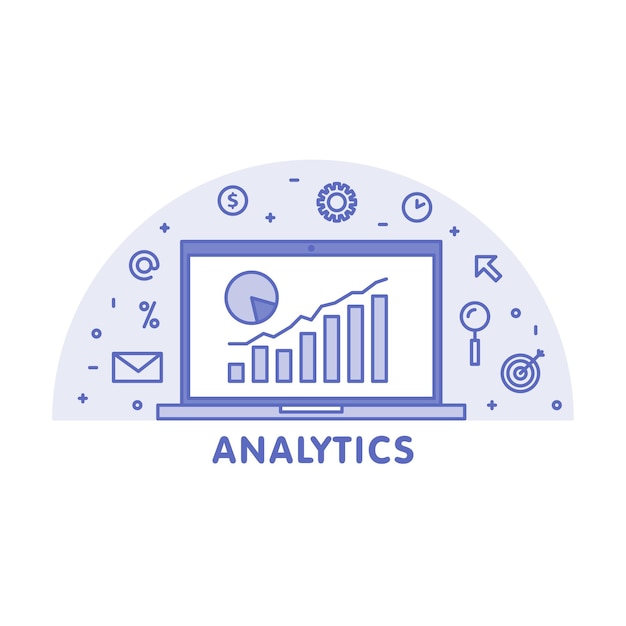 Ilustración de línea de concepto de análisis en línea. Portátil con pantalla de diagrama gráfico de página web y vector de icono lineal.