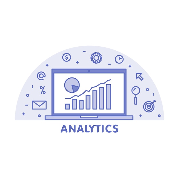 Ilustración de línea de concepto de análisis en línea. portátil con pantalla de diagrama gráfico de página web y vector de icono lineal.