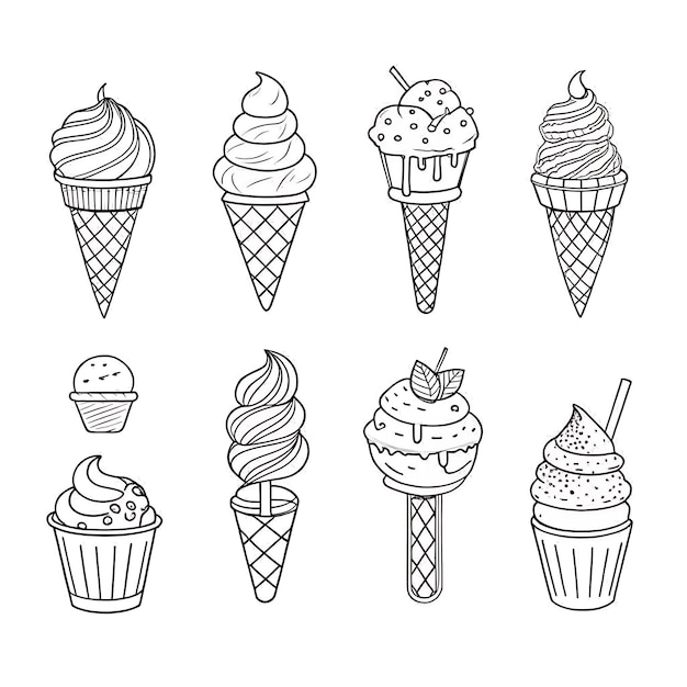 Ilustración de la línea de conos y golosinas de helado dibujados a mano