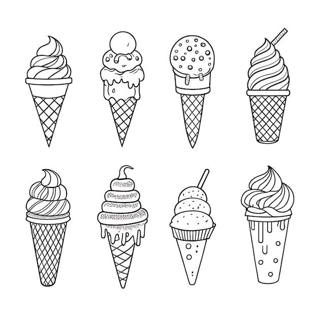 Ilustración de la línea de conos y golosinas de helado dibujados a mano