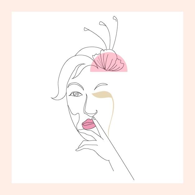 Una ilustración de línea continua de una cara de niña y un dibujo de línea mínima Cara de mujer con flor