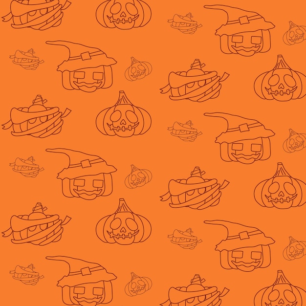 Vector ilustración de línea delgada negra de calabaza de halloween sobre fondo naranja de patrones sin fisuras en vector fondo de halloween