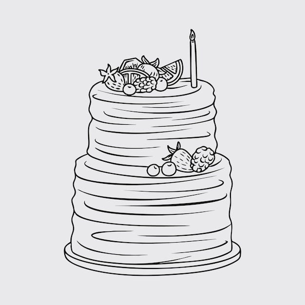 Ilustración de línea delgada de un pastel de cumpleaños con fruta y vela para la celebración