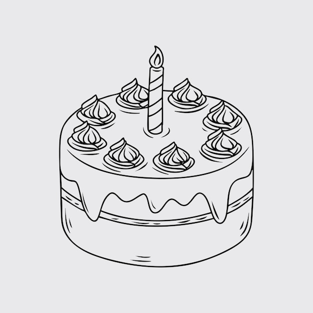 Ilustración de línea delgada de un pastel de cumpleaños con una sola vela