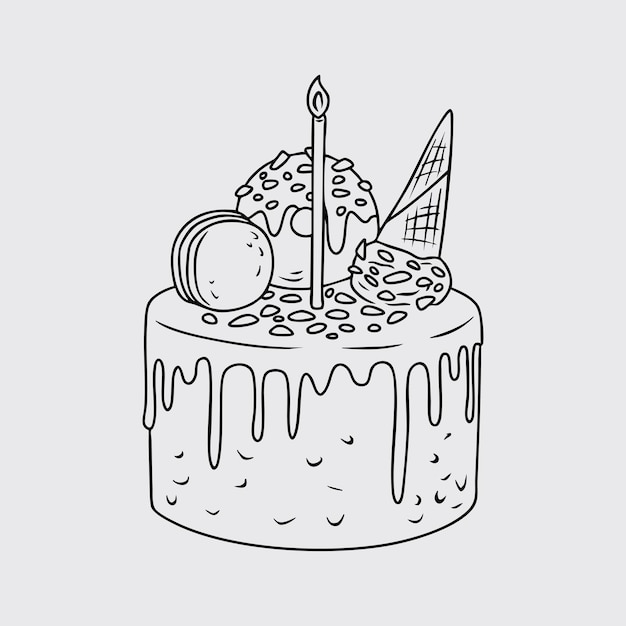 Ilustración en línea delgada de pastel de cumpleaños con vela y dulces