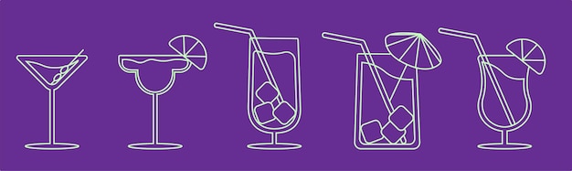 Ilustración de línea delgada de vector mínimo de copas de cóctel Cinco refrescantes cócteles