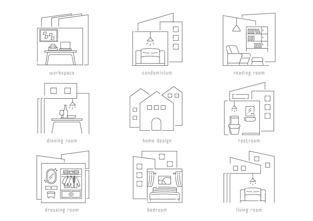 Ilustración de línea de diseño de interiores y hogar