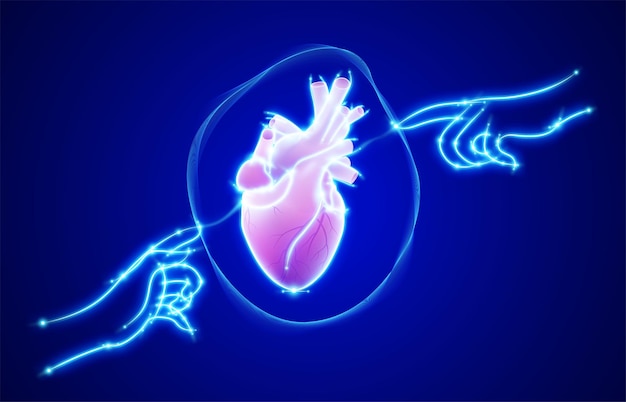 Ilustración en línea de dos manos humanas brillantes tocando un corazón con un dedo en el centro sobre un fondo azul oscuro