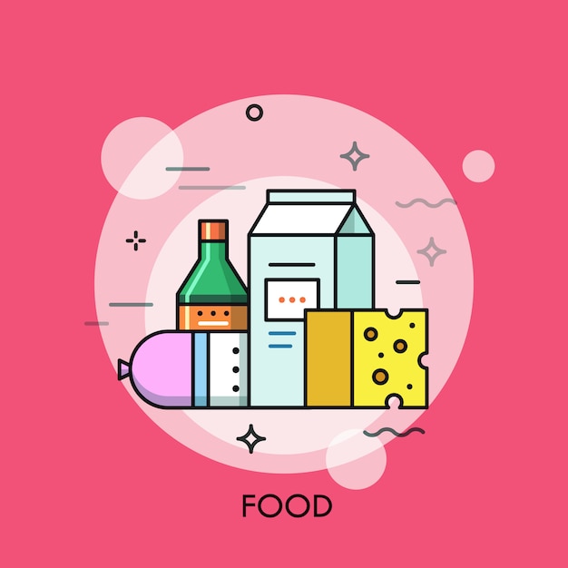 Ilustración de línea fina de leche, salchichas, queso y salsa