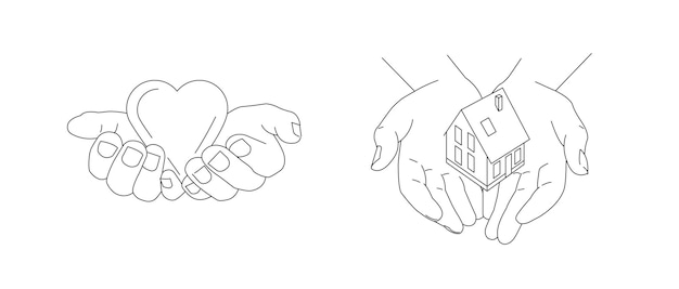 Ilustración en línea del gesto de las manos con las manos sosteniendo el corazón y dando valores y amor a la familia de la casa