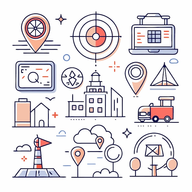 Ilustración en línea de los iconos de ubicación y navegación