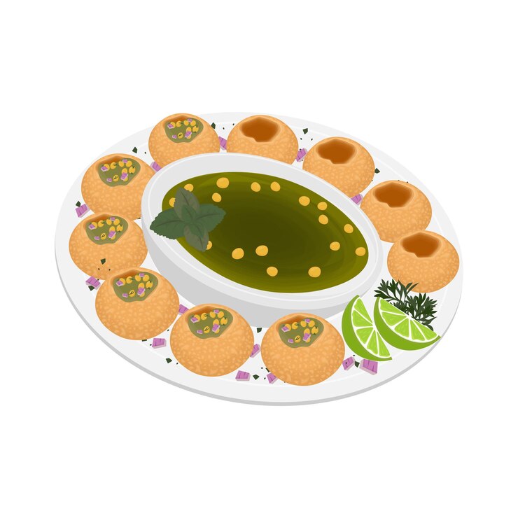 Ilustración de la línea del logotipo de Pani Puri fuchka fuchka O Golgappa en un plato