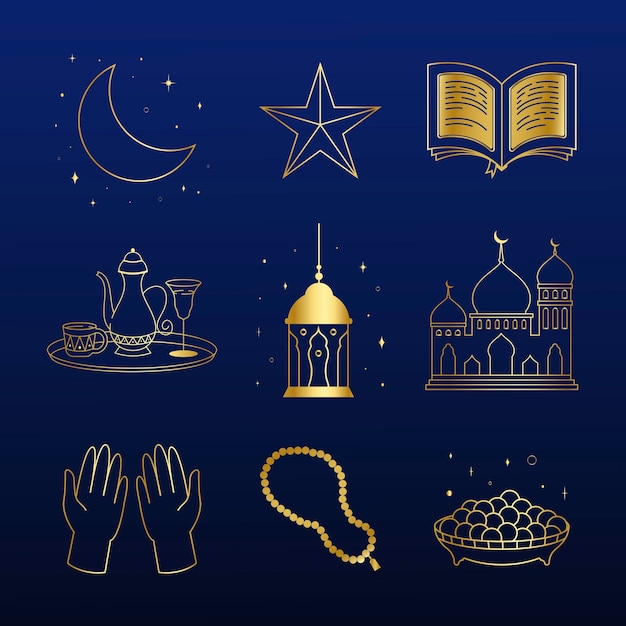 Ilustración de línea de lujo de Ramadán en fondo de vector azul oscuro