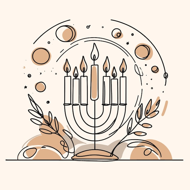 Ilustración de línea minimalista de la menorá de Hanukkah con círculos y hojas doradas