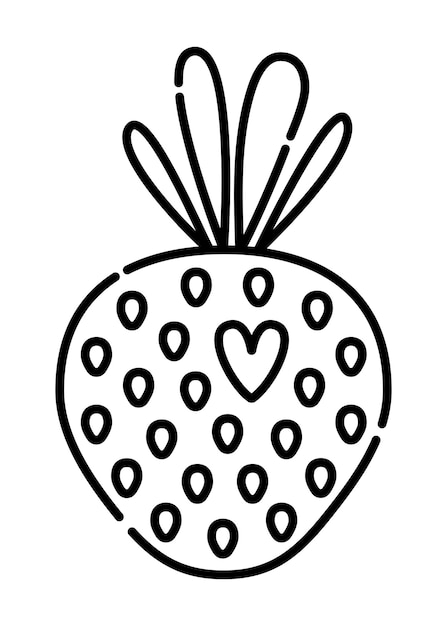 Ilustración de línea negra mínima de fresa, baya vectorial con corazón