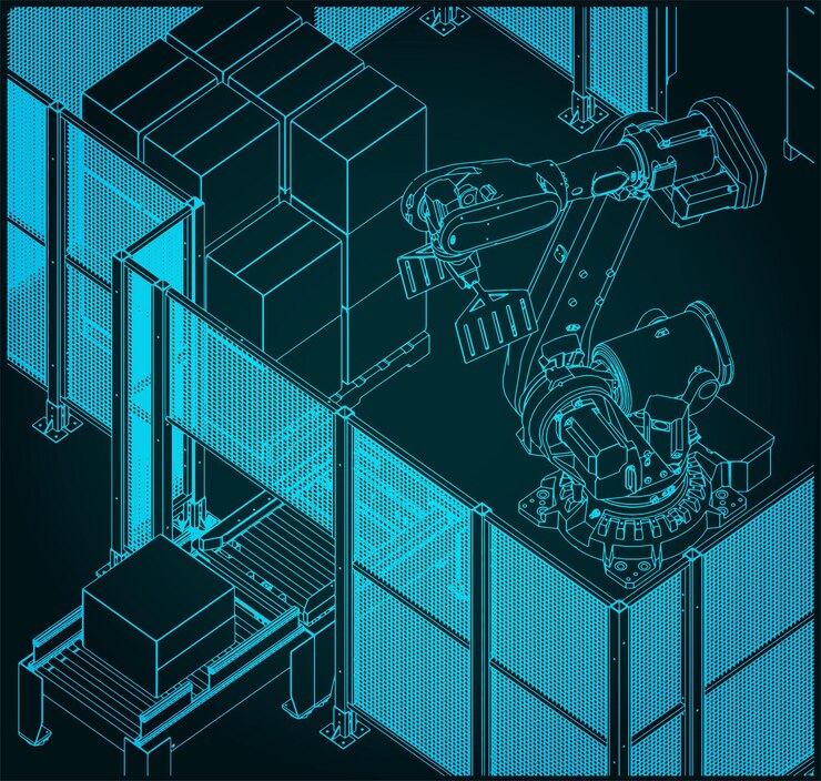 Vector ilustración de la línea de paletización robótica