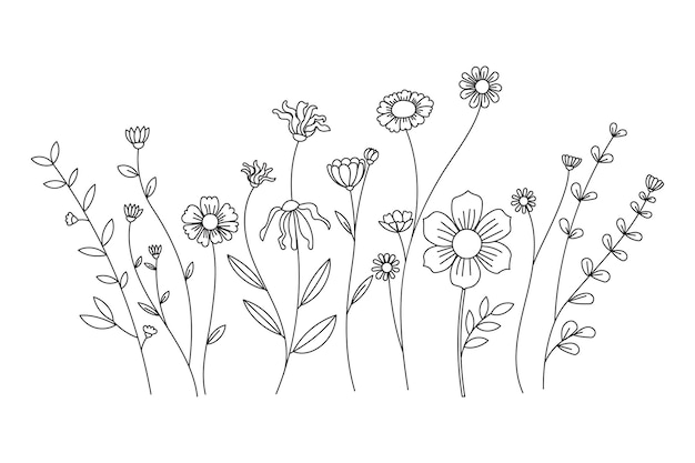 Ilustración en línea de varios tipos de flores