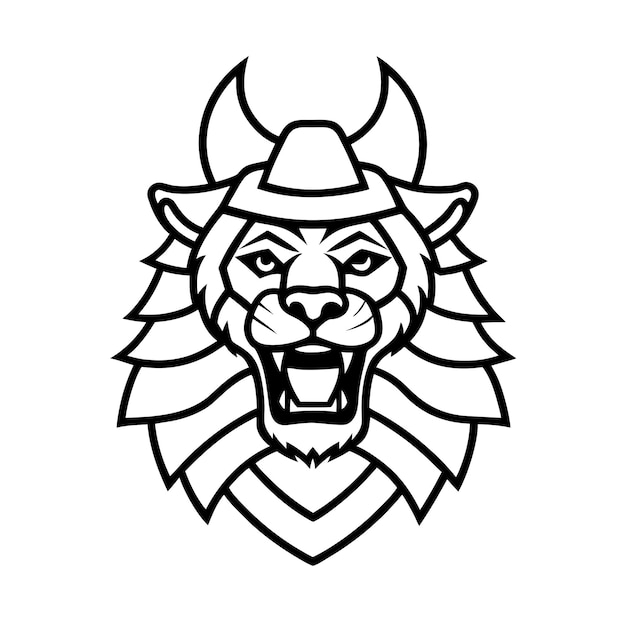 Ilustración de la línea vectorial de la cabeza del león samurai