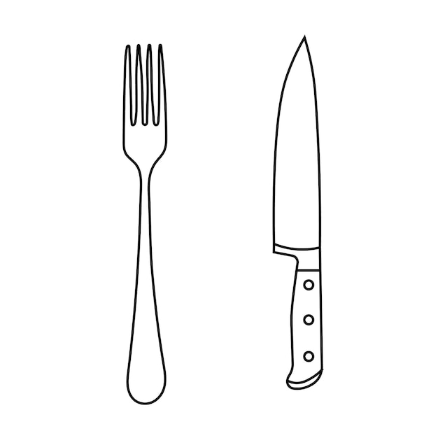 Ilustración de línea vectorial de un cuchillo y un tenedor página de colorear