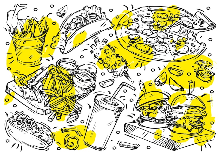 Vector ilustración de línea vectorial dibujada a mano sobre fondo blanco colección de garabatos menú de comida rápida de la calle hamburguesa artesanal tortilla pizza pepperoni cuñas de patata gratis francesa bebida gaseosa salsa perrito caliente