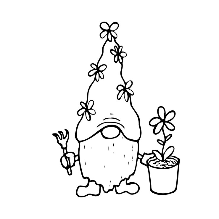 Ilustración de línea vectorial de un gnomo de jardín con un rastrillo y una flor en una olla aislada