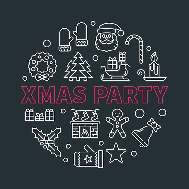 Ilustración de línea vectorial redonda de fiesta de Navidad sobre fondo oscuro