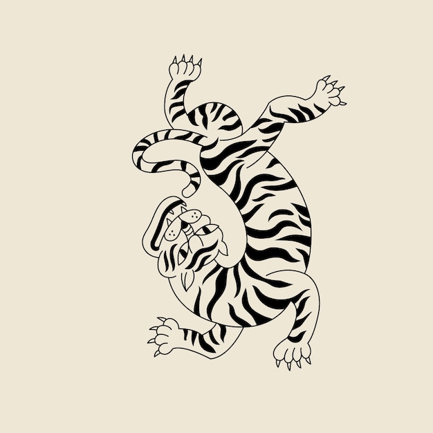 Ilustración de línea vectorial tigre caminando personaje animal de dibujos animados ideal para imprimir