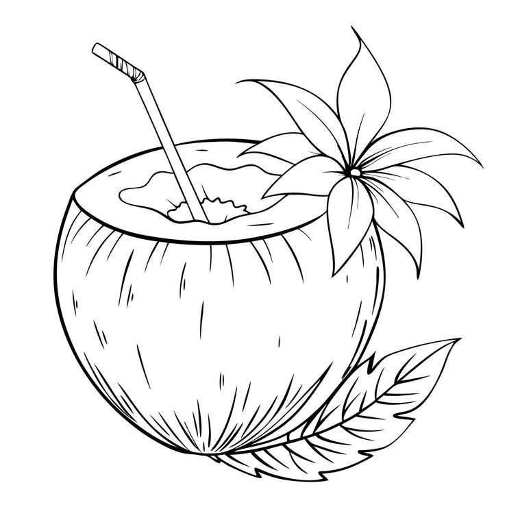 Vector ilustración lineal en blanco y negro de un coco con una paja decorada con una hoja tropical de flor