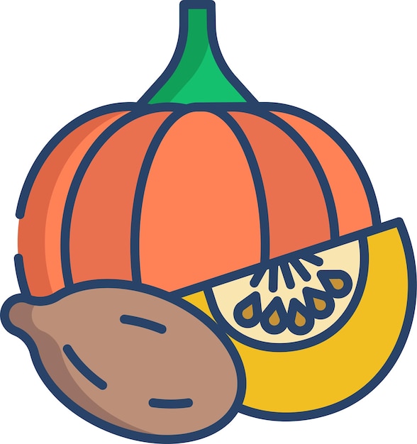 Ilustración lineal en color de calabaza y nuez moscada