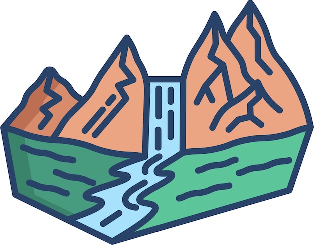 Ilustración lineal en color de la cascada de la montaña